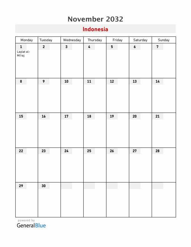 Indonesia November 2032 Calendar with Holidays