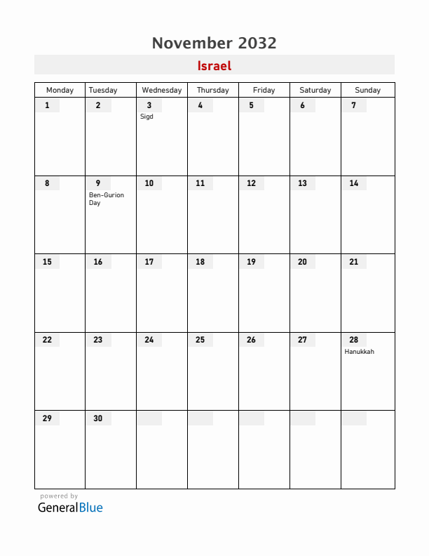 Israel November 2032 Calendar with Holidays