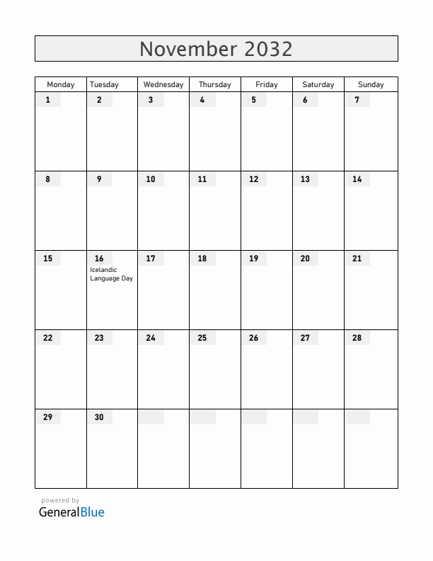 Iceland November 2032 Calendar with Holidays
