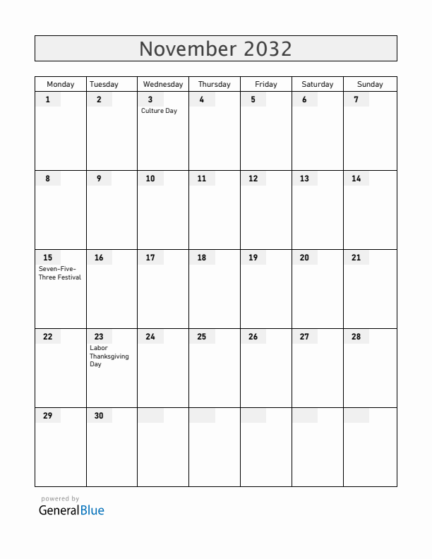 Japan November 2032 Calendar with Holidays