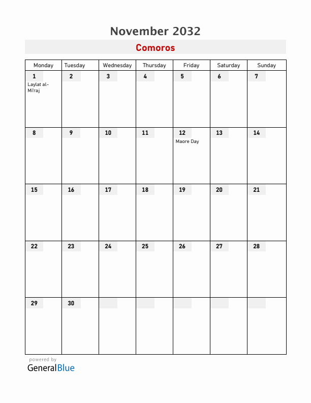 Comoros November 2032 Calendar with Holidays