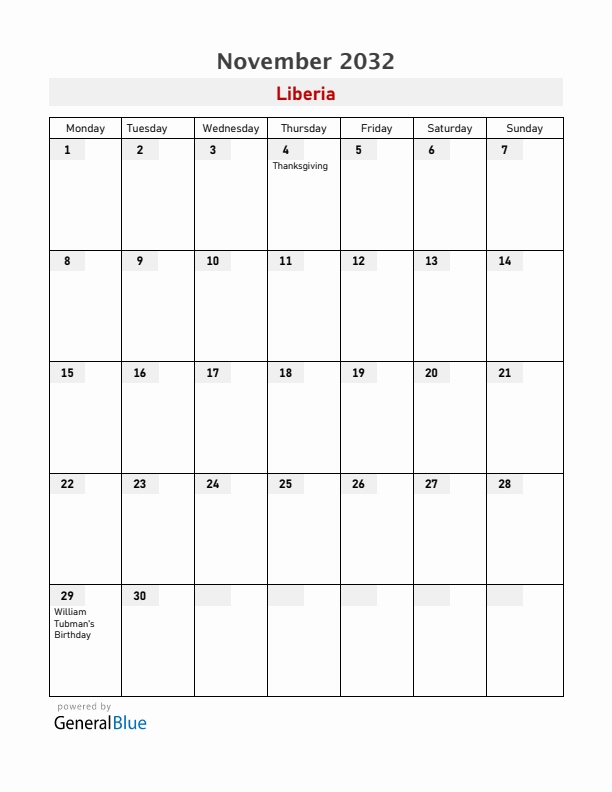 Liberia November 2032 Calendar with Holidays