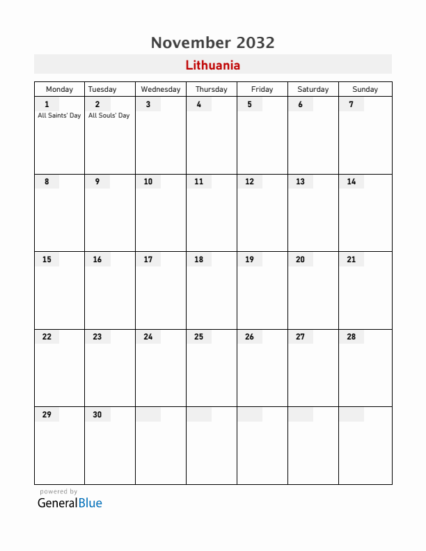Lithuania November 2032 Calendar with Holidays