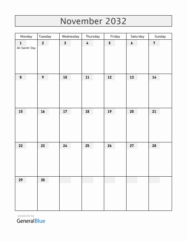 Luxembourg November 2032 Calendar with Holidays
