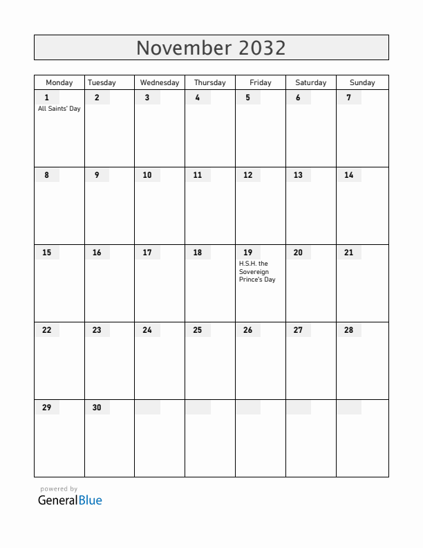 Monaco November 2032 Calendar with Holidays