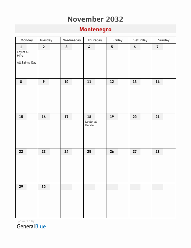 Montenegro November 2032 Calendar with Holidays