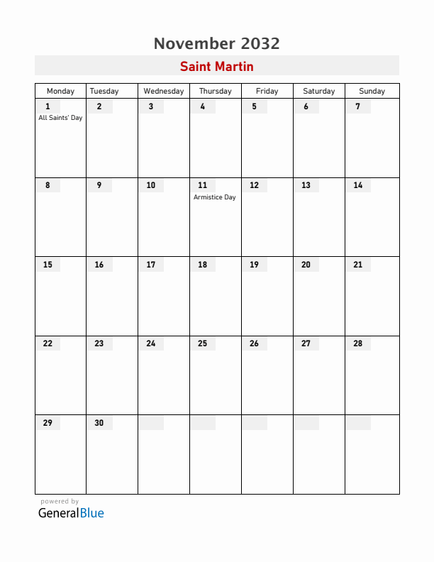 Saint Martin November 2032 Calendar with Holidays