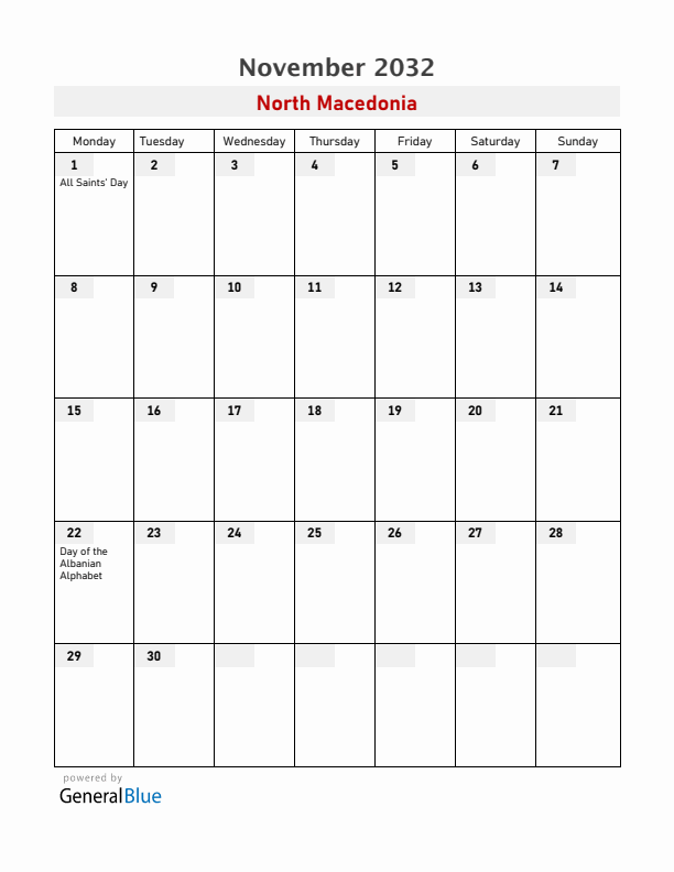North Macedonia November 2032 Calendar with Holidays