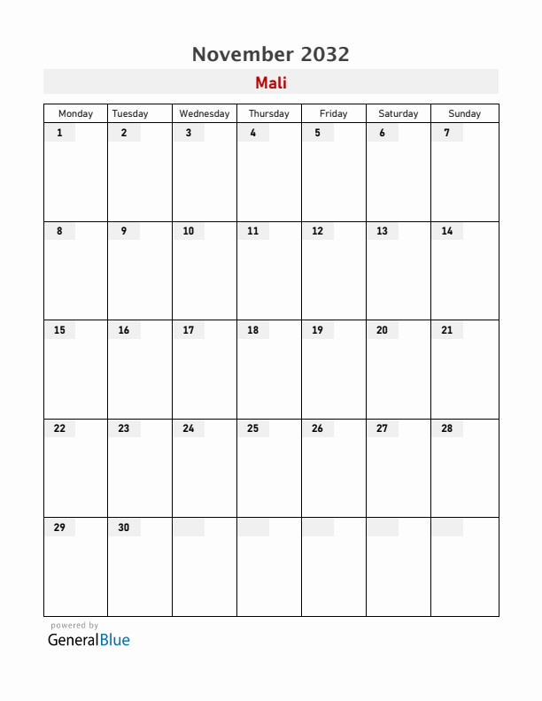 Mali November 2032 Calendar with Holidays