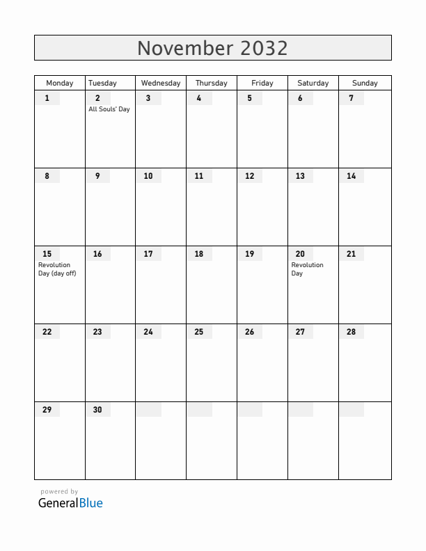 Mexico November 2032 Calendar with Holidays