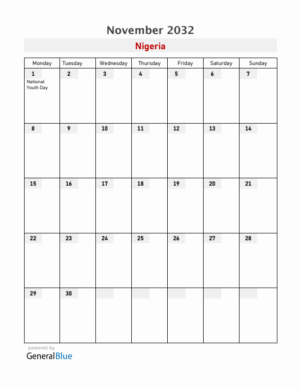 Nigeria November 2032 Calendar with Holidays