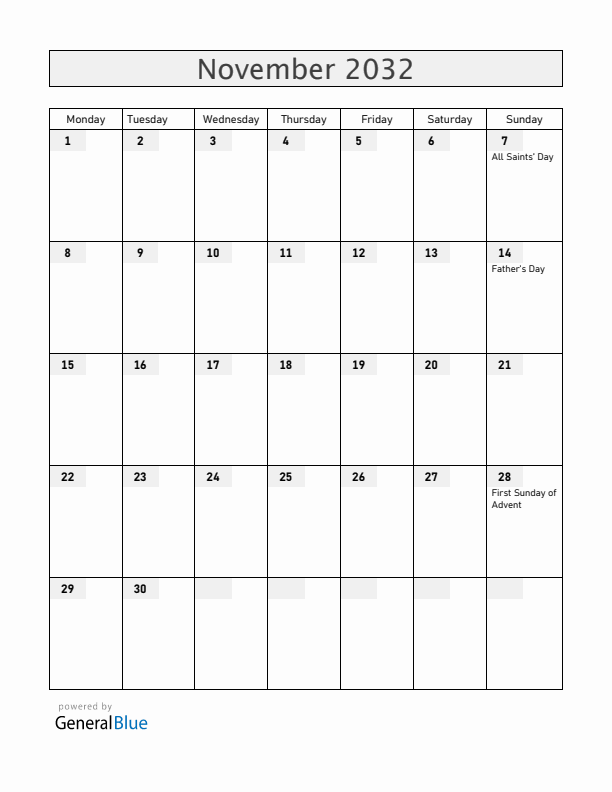 Norway November 2032 Calendar with Holidays