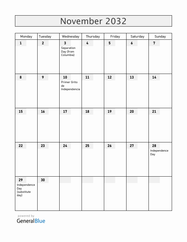 Panama November 2032 Calendar with Holidays