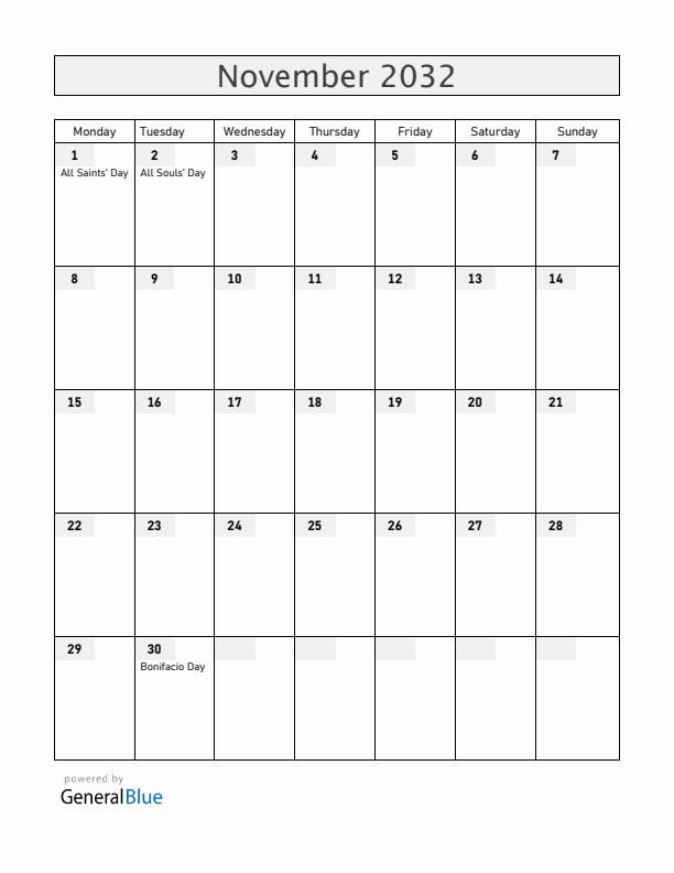 Philippines November 2032 Calendar with Holidays