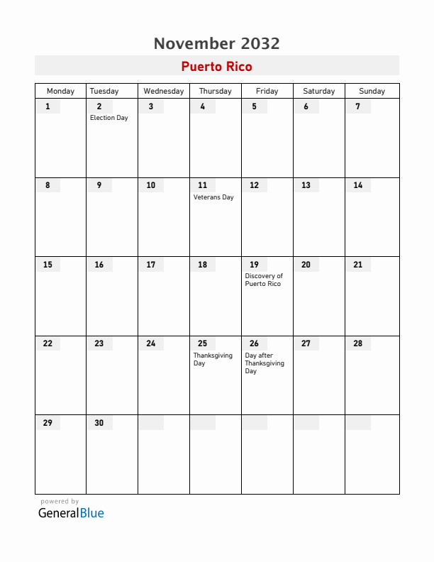 Puerto Rico November 2032 Calendar with Holidays