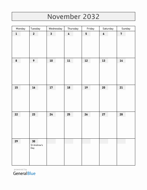 Romania November 2032 Calendar with Holidays