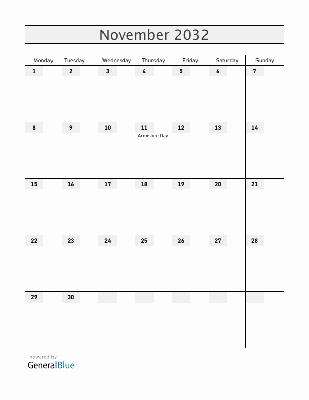 Serbia November 2032 Calendar with Holidays