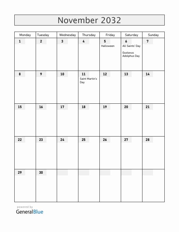 Sweden November 2032 Calendar with Holidays