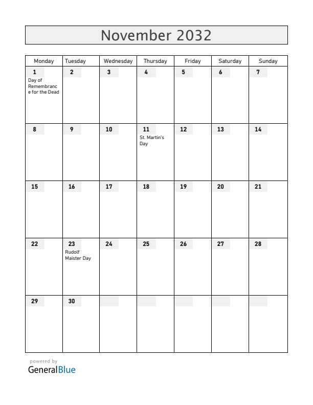 Slovenia November 2032 Calendar with Holidays