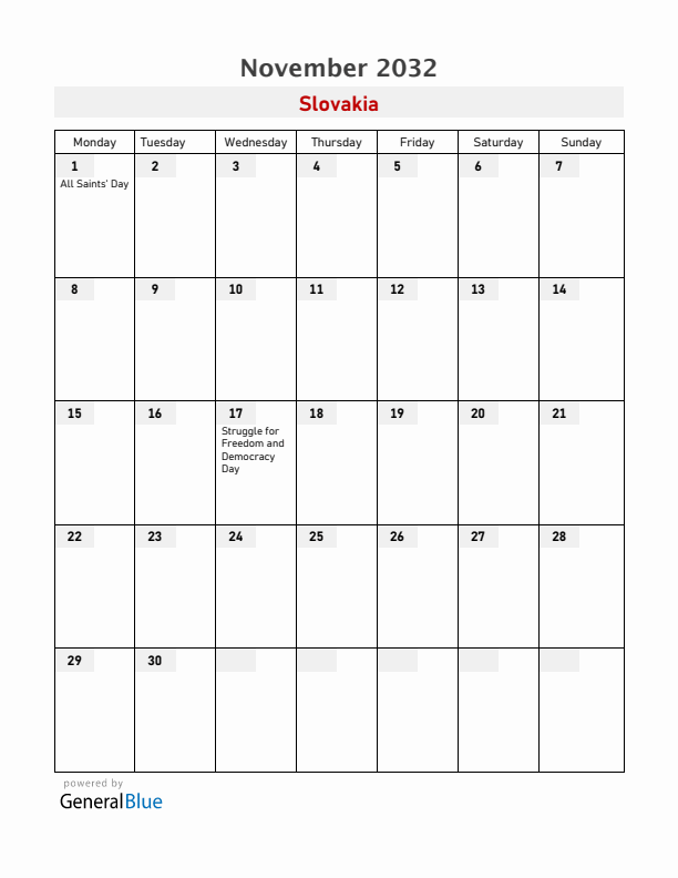 Slovakia November 2032 Calendar with Holidays