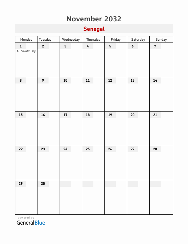 Senegal November 2032 Calendar with Holidays