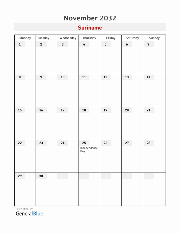 Suriname November 2032 Calendar with Holidays
