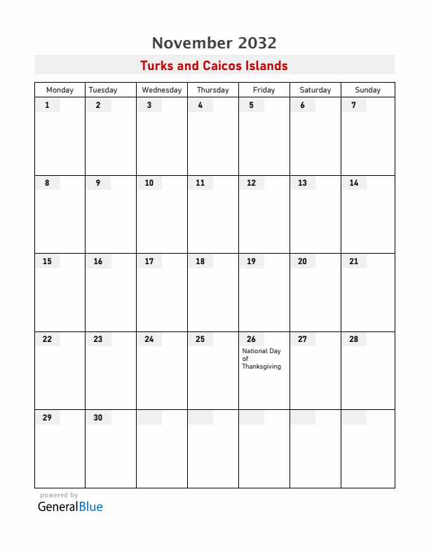Turks and Caicos Islands November 2032 Calendar with Holidays