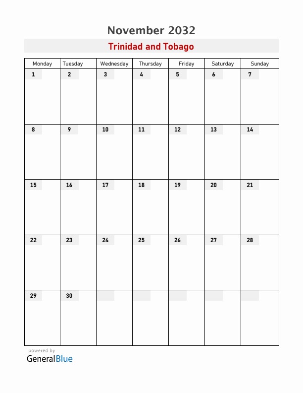 Trinidad and Tobago November 2032 Calendar with Holidays
