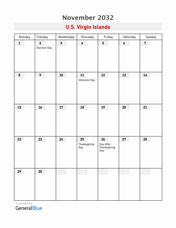 U.S. Virgin Islands November 2032 Calendar with Holidays