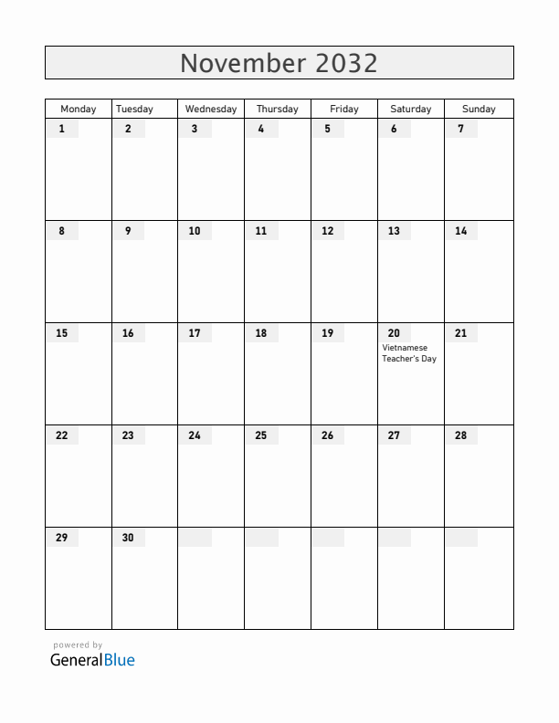 Vietnam November 2032 Calendar with Holidays