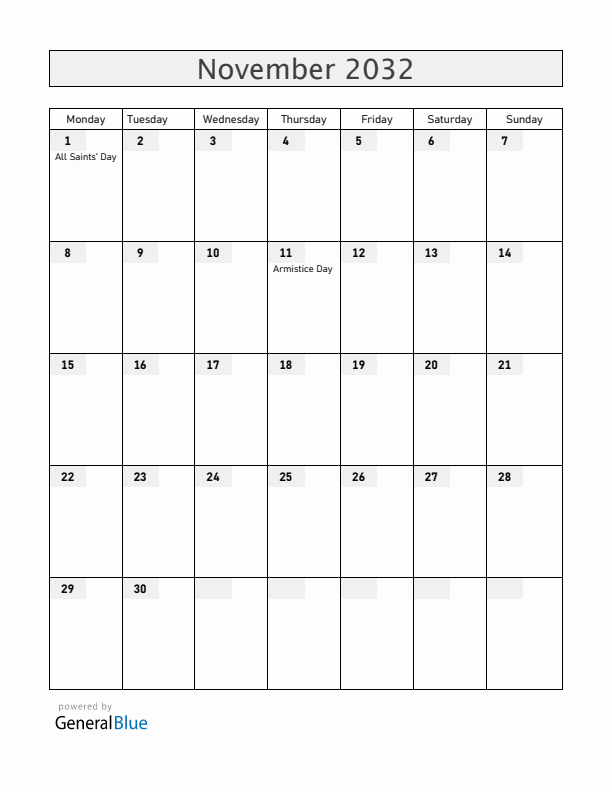 Mayotte November 2032 Calendar with Holidays