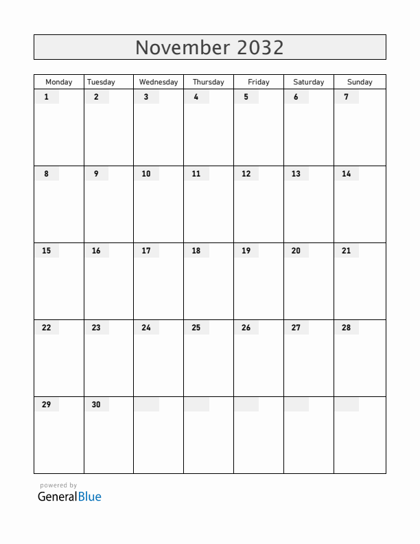Zambia November 2032 Calendar with Holidays