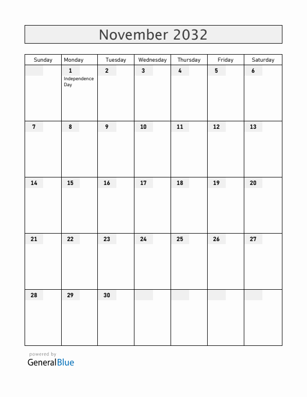 Antigua and Barbuda November 2032 Calendar with Holidays