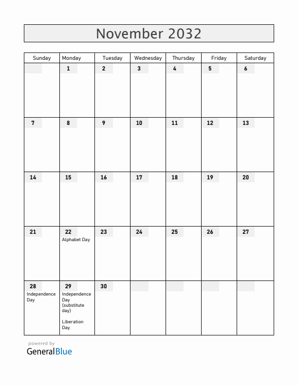 Albania November 2032 Calendar with Holidays