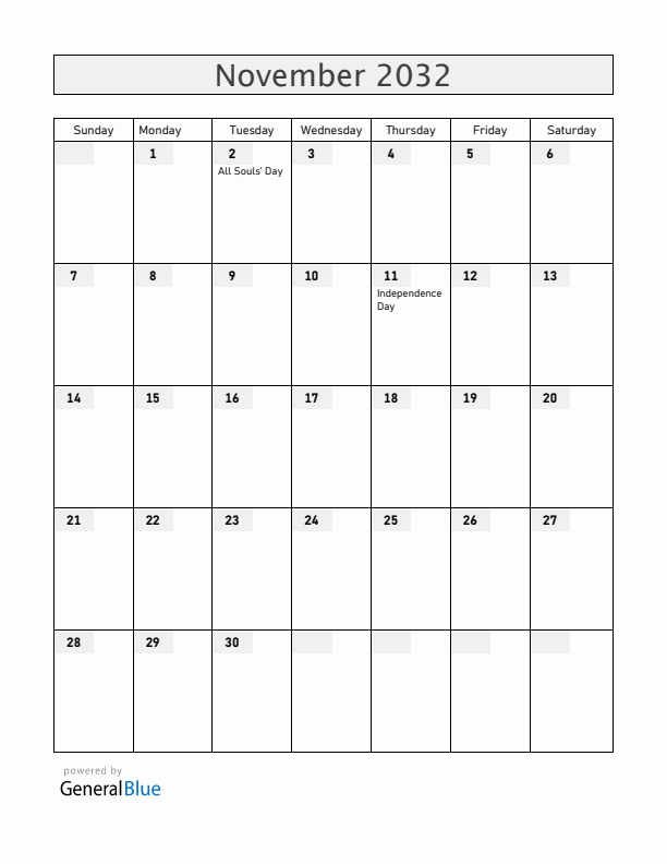 Angola November 2032 Calendar with Holidays