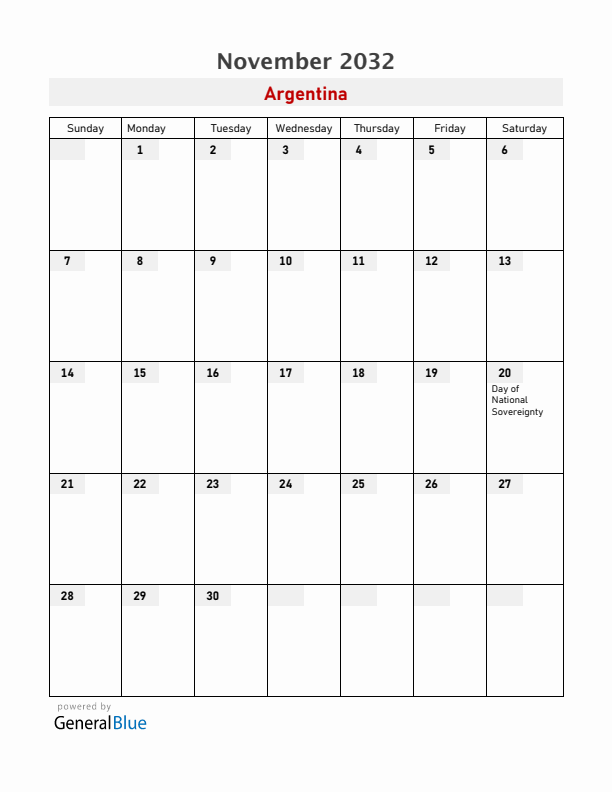 Argentina November 2032 Calendar with Holidays