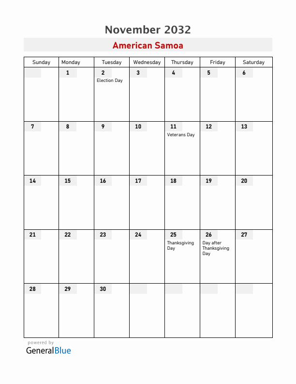American Samoa November 2032 Calendar with Holidays