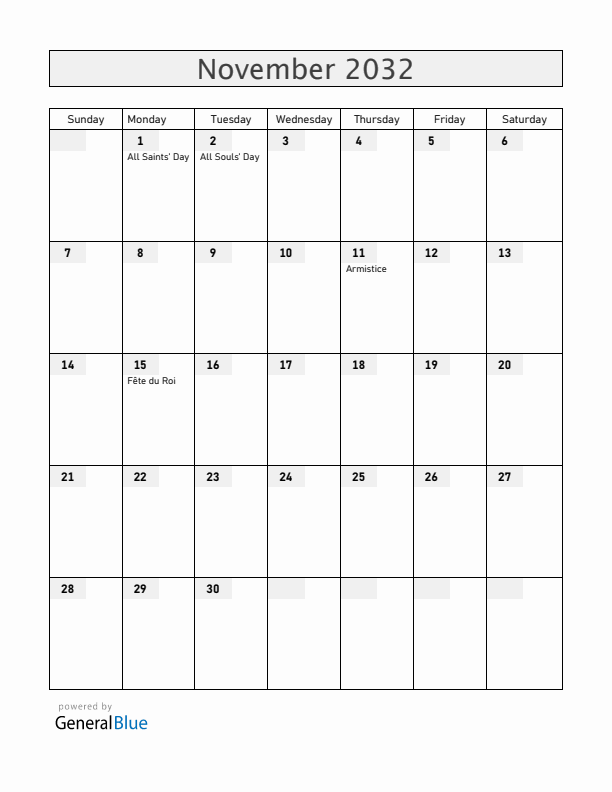 Belgium November 2032 Calendar with Holidays