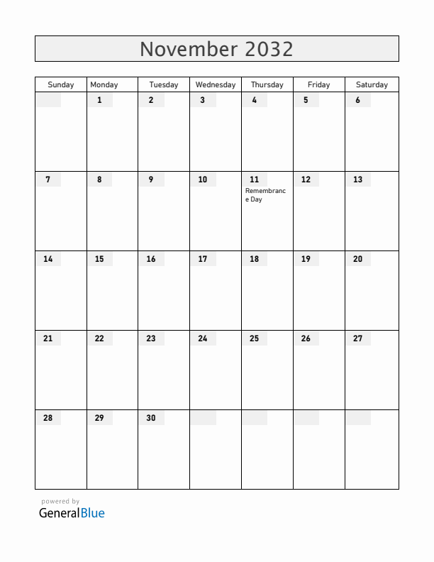 Bermuda November 2032 Calendar with Holidays