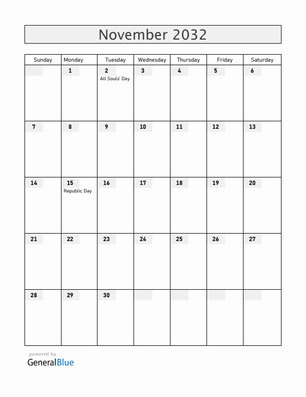 Brazil November 2032 Calendar with Holidays