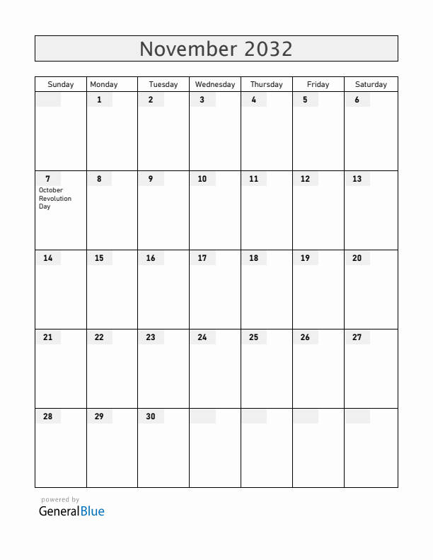 Belarus November 2032 Calendar with Holidays