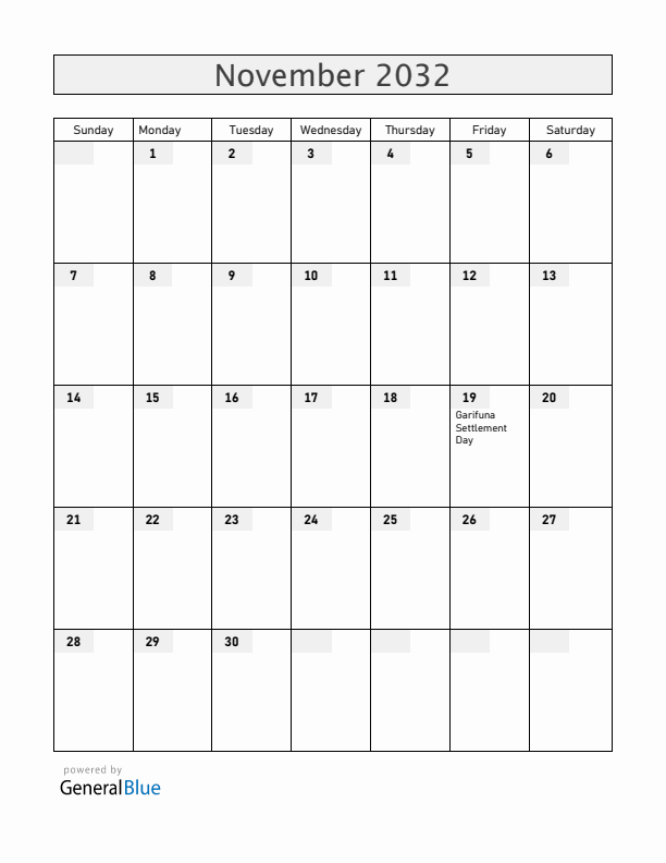 Belize November 2032 Calendar with Holidays