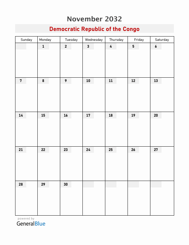 Democratic Republic of the Congo November 2032 Calendar with Holidays