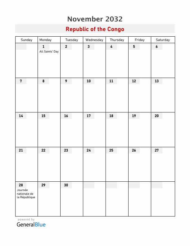 Republic of the Congo November 2032 Calendar with Holidays