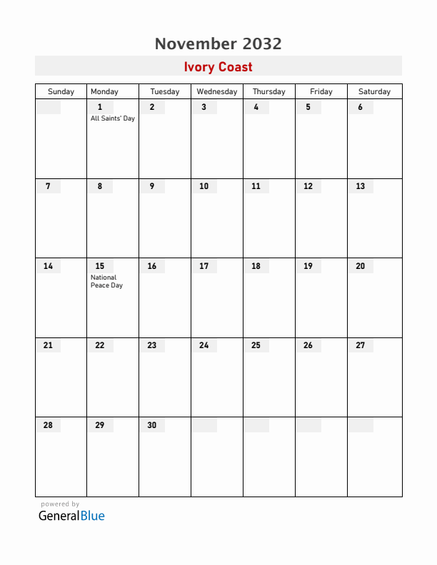 Ivory Coast November 2032 Calendar with Holidays