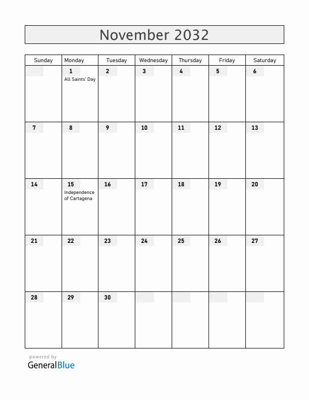 Colombia November 2032 Calendar with Holidays