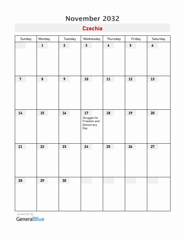 Czechia November 2032 Calendar with Holidays