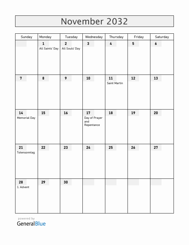 Germany November 2032 Calendar with Holidays