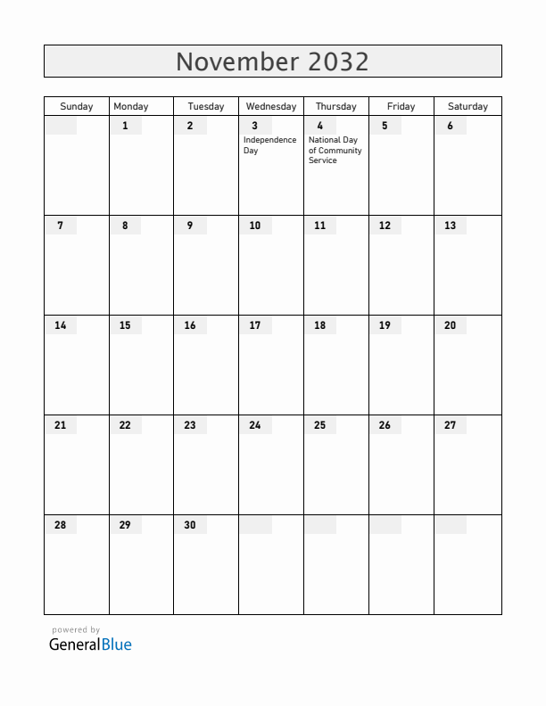 Dominica November 2032 Calendar with Holidays