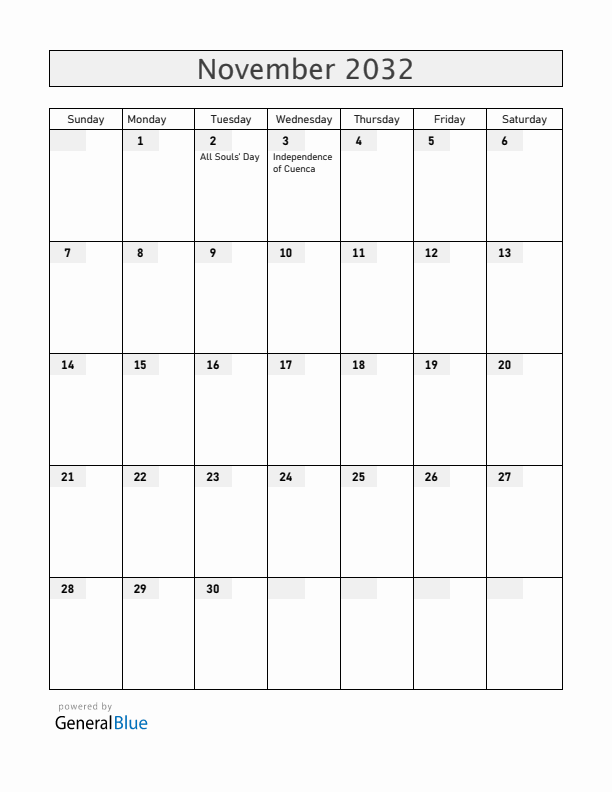 Ecuador November 2032 Calendar with Holidays